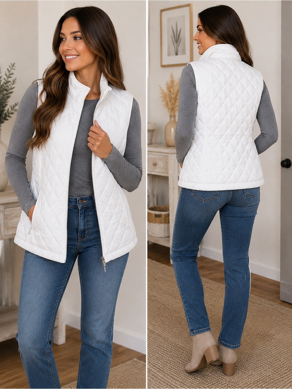 Large Free Country White Gray Reversible Quilted Women's Vest